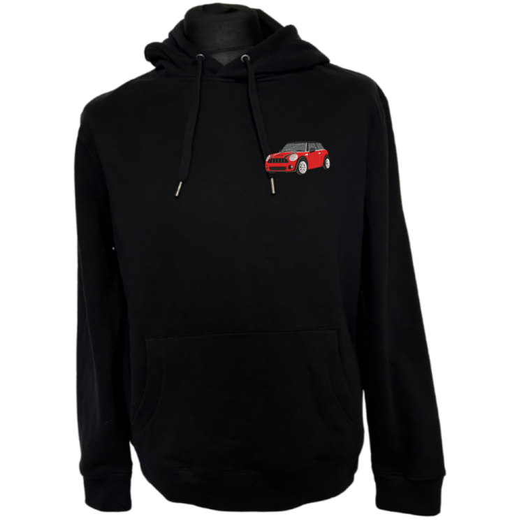 Bluza kangurka czarna z haftem samochodu MINI COOPER , bluza zakładana przez głowę z kapturem i dużą kieszenią na przodzie