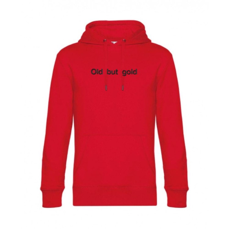 Bluza czerwona kangurka unisex z haftem- Old but gold - przód
