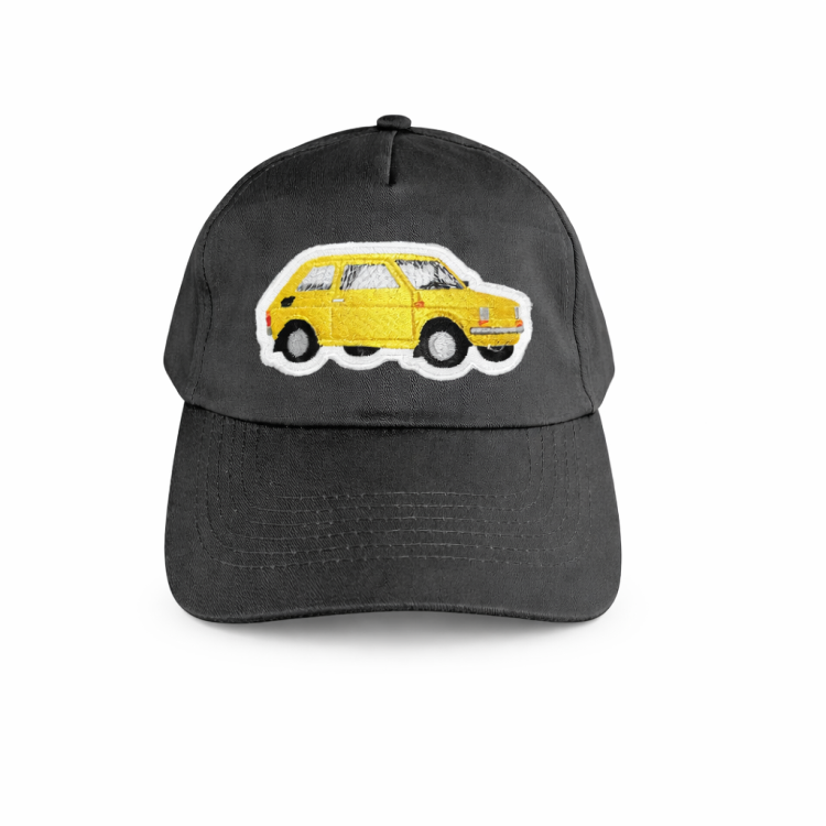 Czapka grafitowa z daszkiem z naszywką żółtego Fiata126p.png