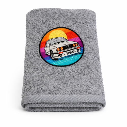 Ręcznik szary z haftem BMWE30 - 100% Bawełny frotte